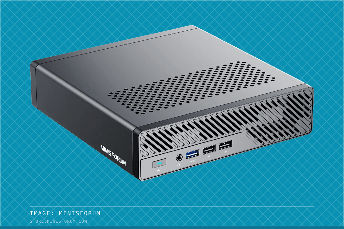 Minisforum MS-01 workstation mini PC, three-quarter view with its hexagonal vent panel.