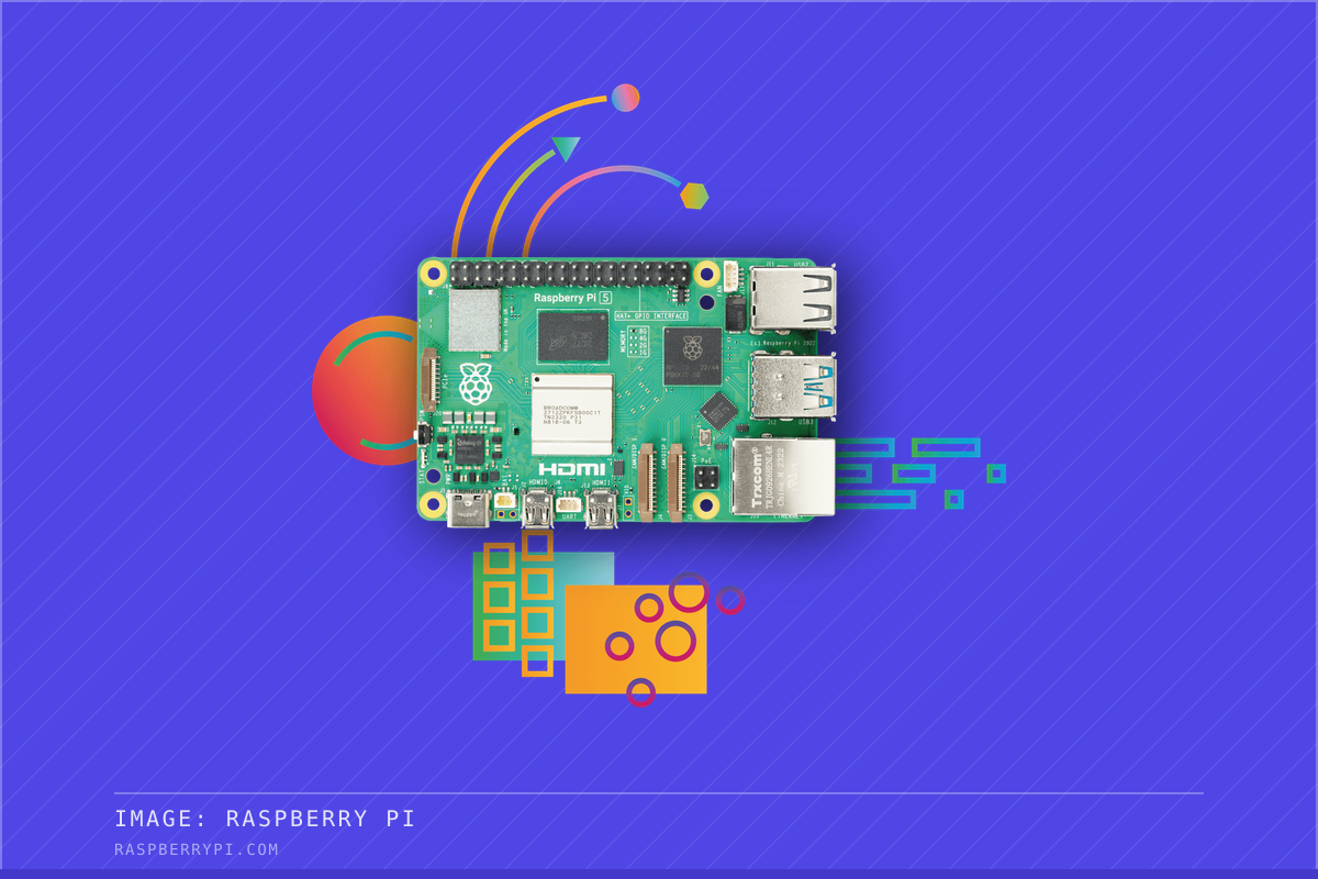 Raspberry Pi 5 single-board computer, using the official Raspberry Pi brand illustration.